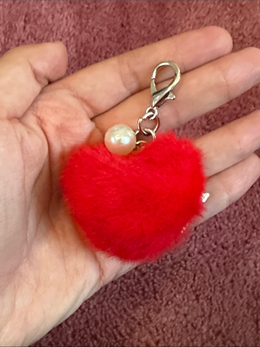 Red Fuzzy Heart Pom Charm Keychain